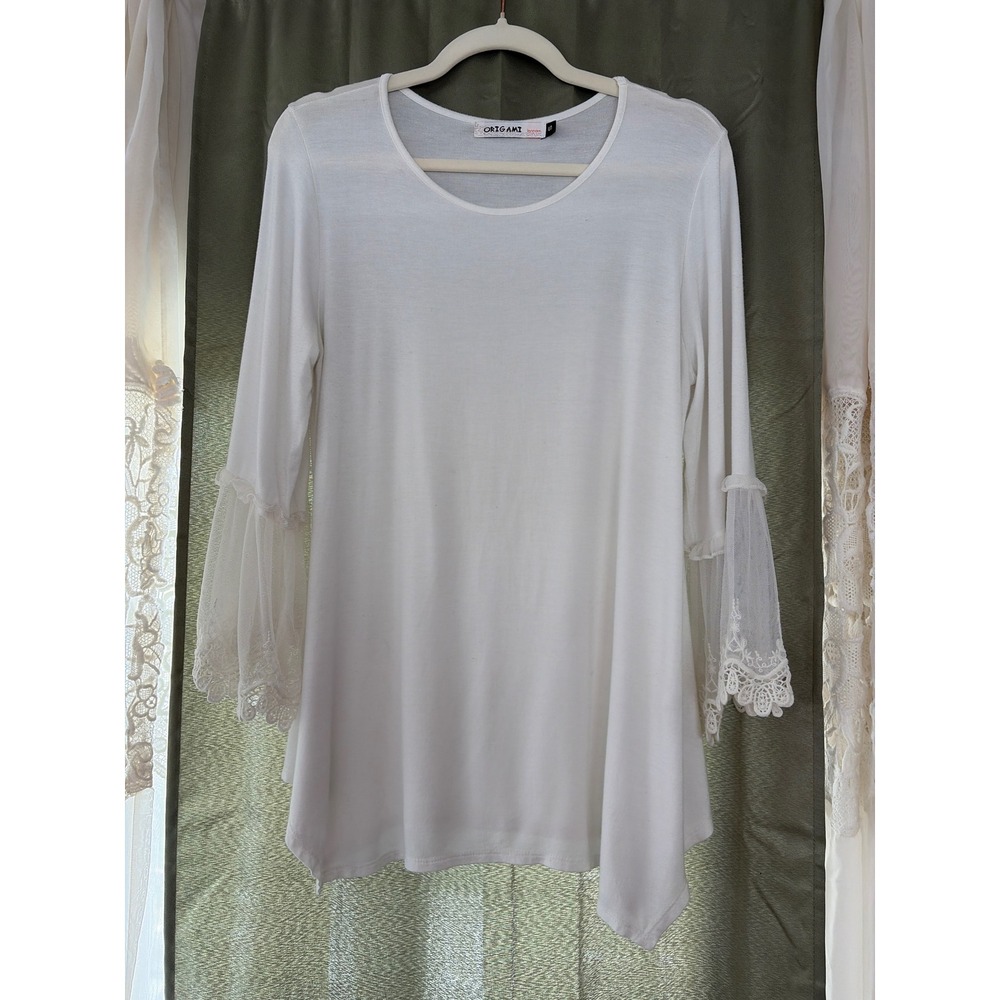 Origami by Vivien Tunic Top Womens Small White Fairy Lace Bell Sleeve Sharkbite